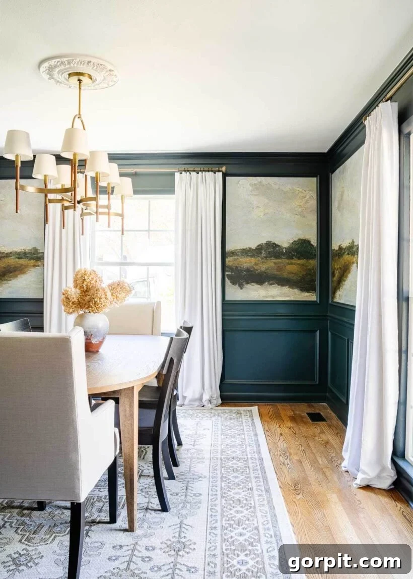 18 Wallpaper Gems to Transform Your Digital Space 14 An elegant navy dining room featuring a captivating vintage landscape wallpaper mural, creating a sophisticated and timeless accent wall.