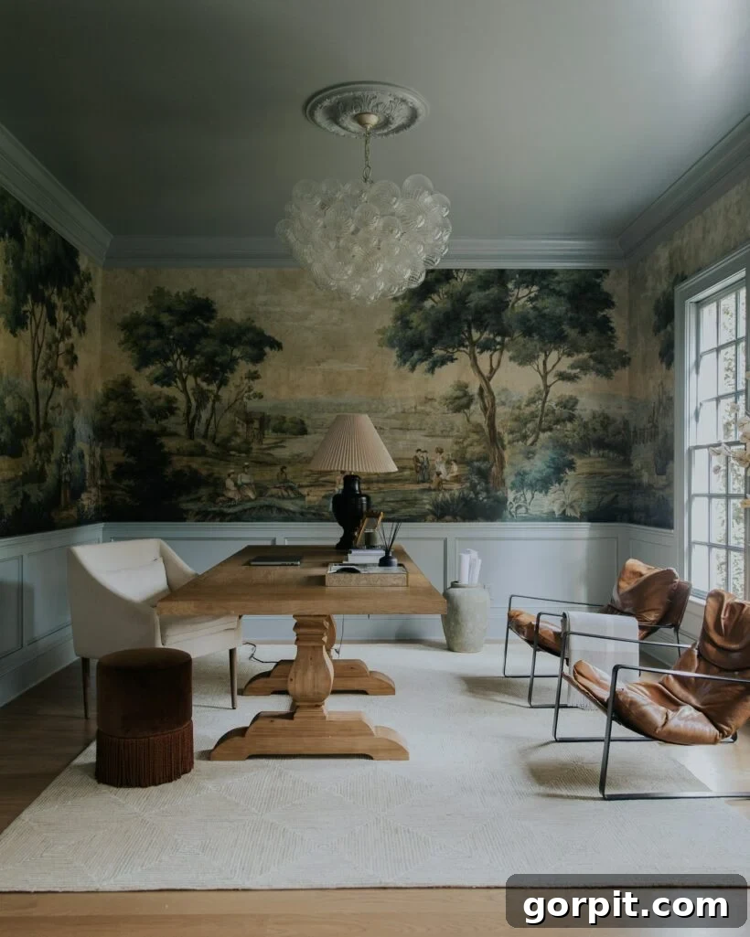 18 Wallpaper Gems to Transform Your Digital Space 15 A stylish study room featuring a large-scale vintage-inspired mural wallpaper that creates a serene and artful backdrop for the space.