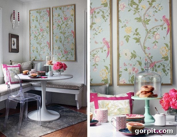 18 Wallpaper Gems to Transform Your Digital Space 6 A chic interior space showcasing a stunning feature wall created with wallpapered panels framed by intricate woodwork, adding sophisticated detail.