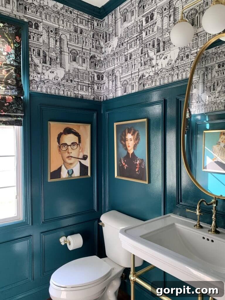 18 Wallpaper Gems to Transform Your Digital Space 7 Elegant powder room featuring monochrome wallpaper that perfectly complements and enhances the intricate architectural molding, adding depth and sophistication.