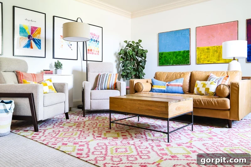 family room with large pink and yellow area rug and colorful art pieces and decor
