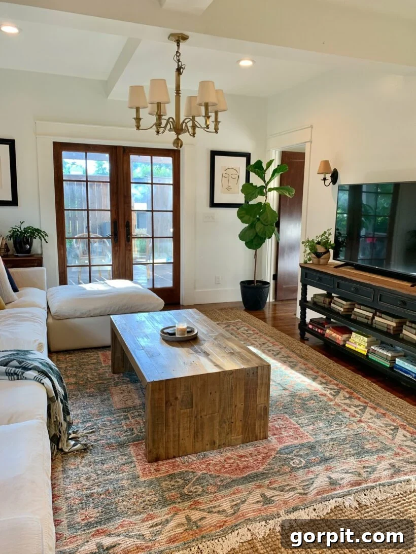 living room with a smaller area rug layered on top of a larger jute rug so that the overall area rug is large enough for the space