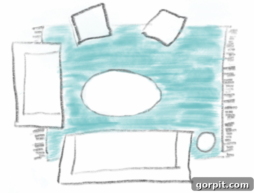 sketch showing ideal living room rug size and placement ensuring at least 2 legs of all furniture pieces sit on on the area rug