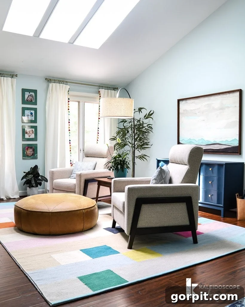 living room with two recliners and round leather ottoman on large size area rug