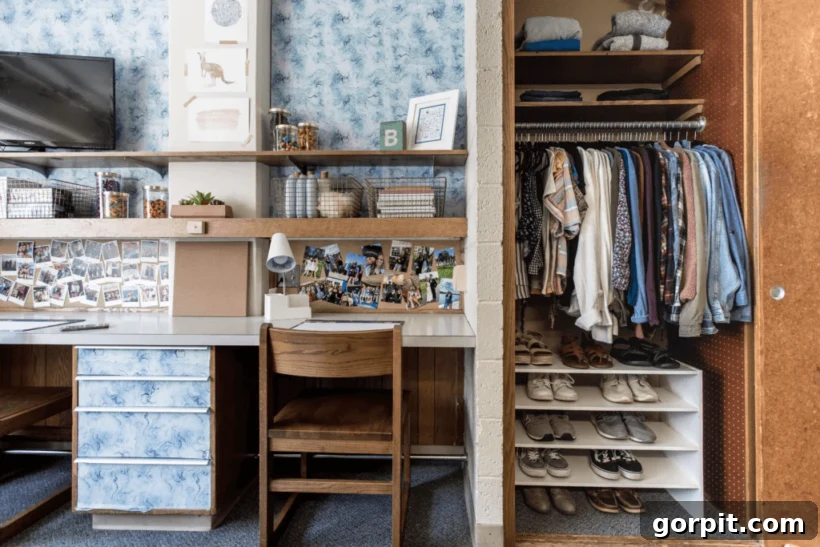 Dorm Room Unlocked: Smart Hacks for Ultimate Space 6 Dorm room desk area with temporary wallpaper