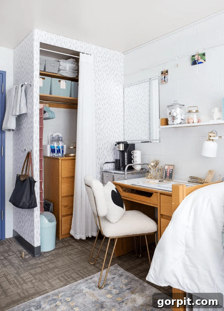 Dorm Room Unlocked: Smart Hacks for Ultimate Space 7 Dorm room open closet with curtains