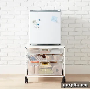 Dorm Room Unlocked: Smart Hacks for Ultimate Space 9 Mini fridge on storage cart in dorm room