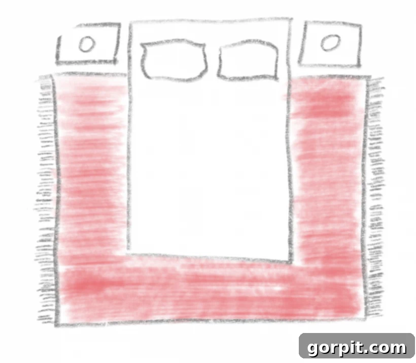 A detailed sketch illustrating optimal bedroom rug size and placement for various bed types.