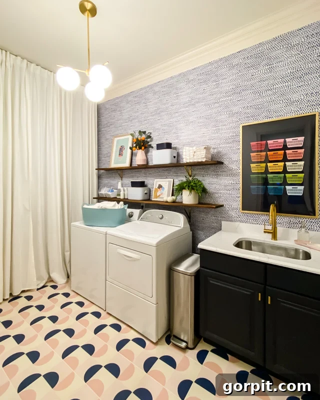 Tile Stickers: The Ultimate Guide 4 vinyl tile stickers on floor of colorful modern laundry room