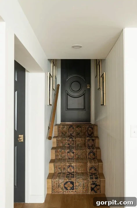 Creative DIY Staircase Transformations 16 basement stair makeover with runner and dark doors