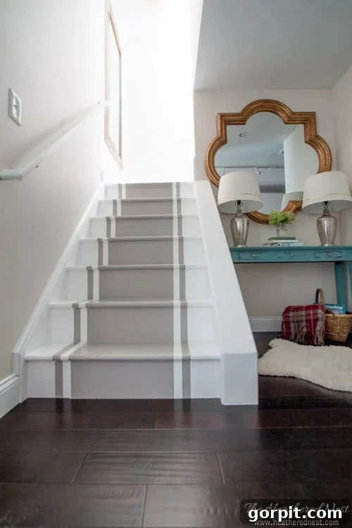 Creative DIY Staircase Transformations 20 faux stair runner painted stairs DIY