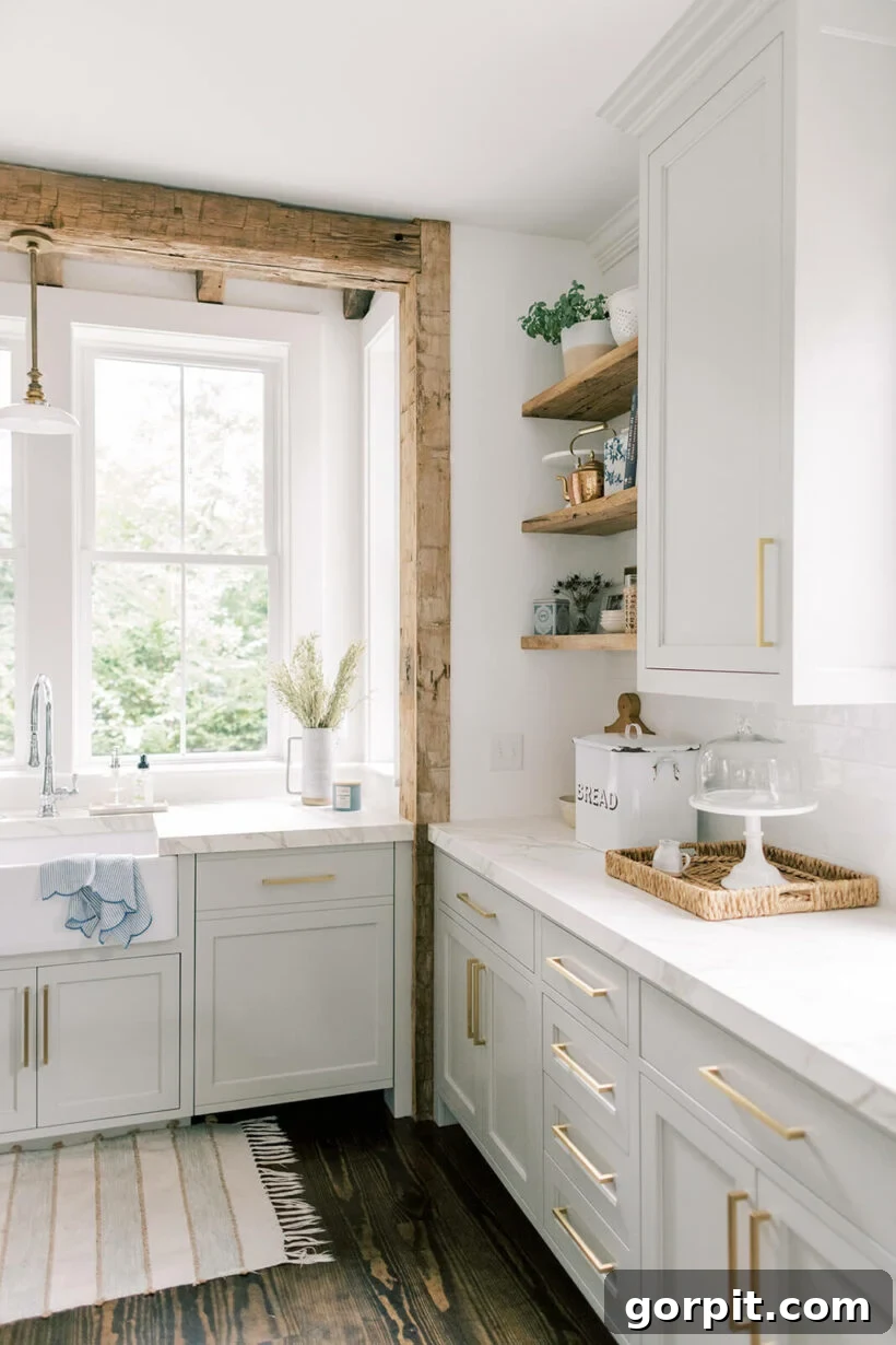 Timeless Neutral Colors for Stunning Kitchen Cabinets 12 Sherwin Williams Repose Gray in bright kitchen with exposed wood beams and open shelving