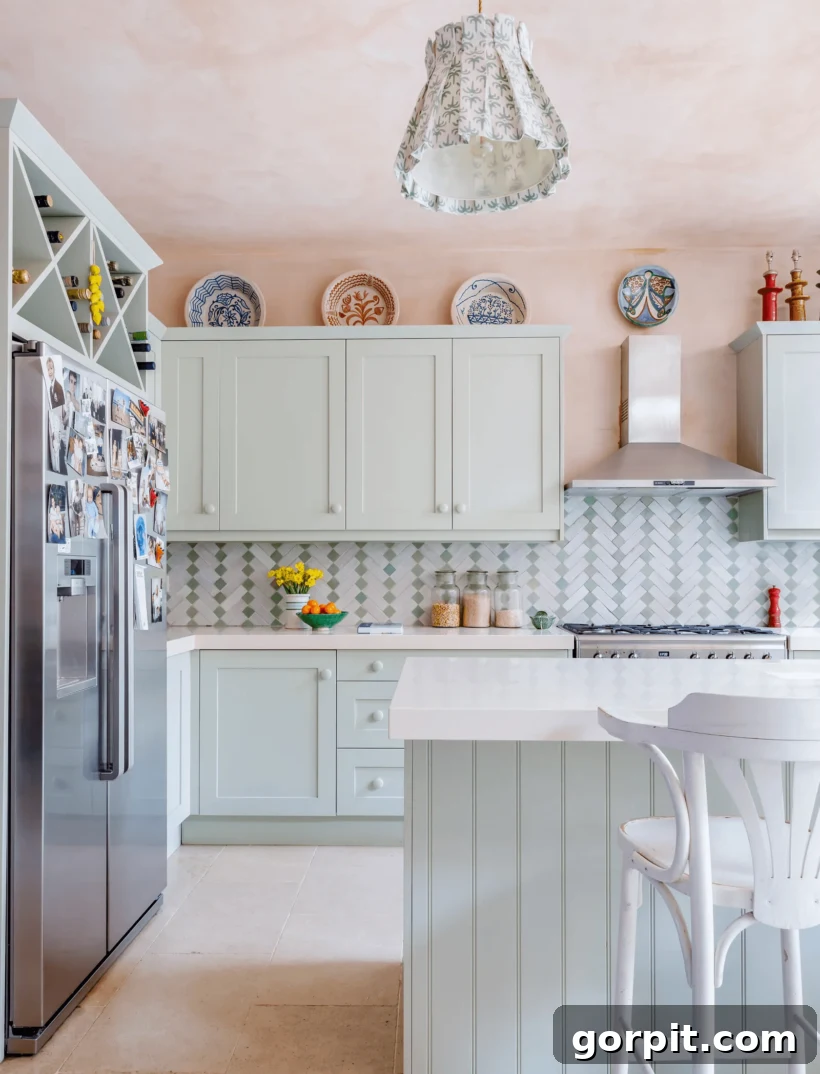 Timeless Neutral Colors for Stunning Kitchen Cabinets 15 Vert de Terre by Farrow & Ball on cabinets in eclectic designer kitchen