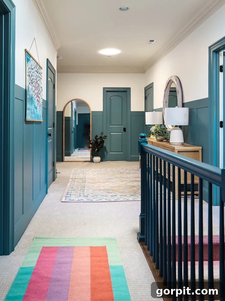 rug over carpet in colorful hallway