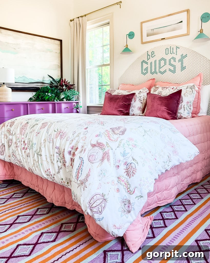 An 8 x 10 pink, purple, and orange area rug under a queen size bed in a colorful guest room, showcasing Annie Selke's vibrant patterns.