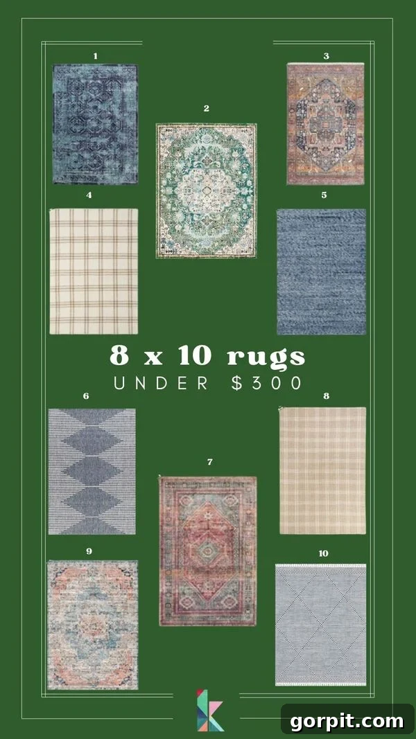  A graphic with a green background, pictures of numbered rugs, and text that reads, "8 X 10 rugs under $300," showcasing budget-friendly options.