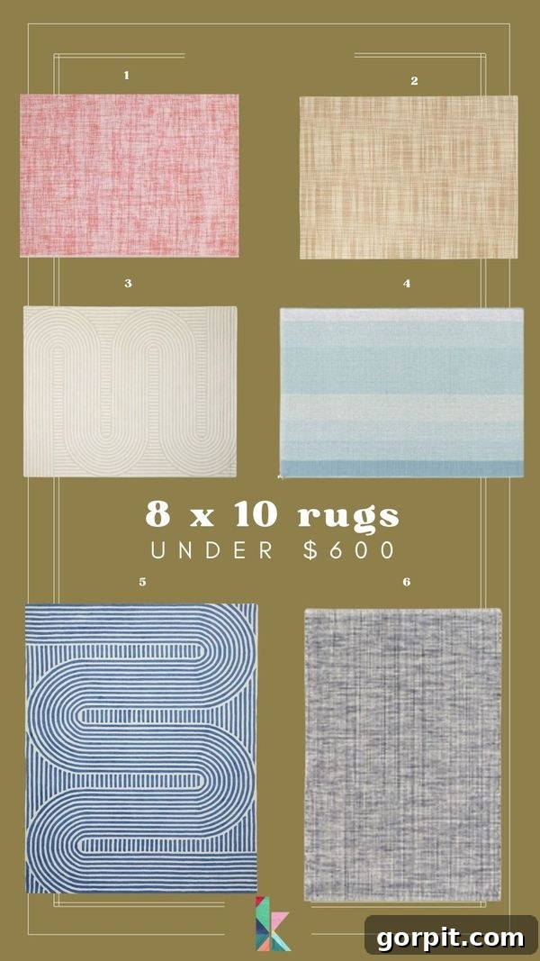 A sage green graphic of six numbered, affordable area rugs with center text that says, “8x10 rugs under $600,” showcasing curated budget options.