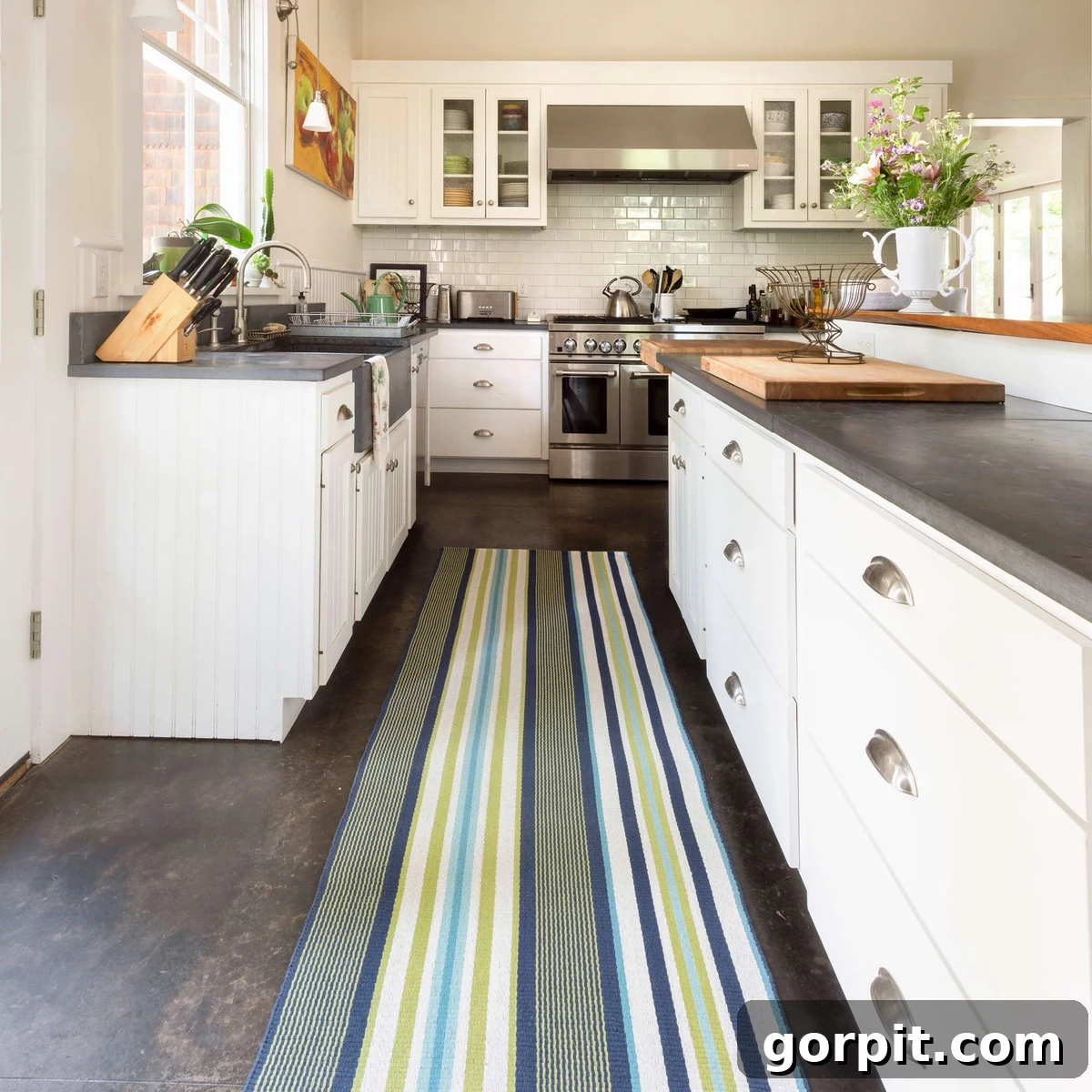 Elevate Your Kitchen Runner Style 4 A striped indoor-outdoor rug used as kitchen runner in a long and open white kitchen.