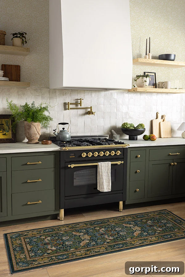 Elevate Your Kitchen Runner Style 5 A green, blue, and gold-toned ruggable kitchen rug runner in a deep green and off-white cottage kitchen.