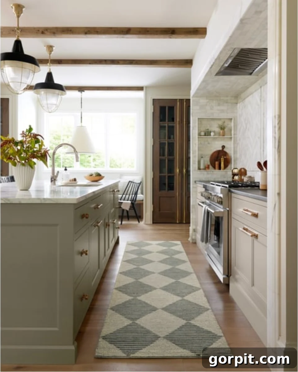 Elevate Your Kitchen Runner Style 8 A woven diamond kitchen rug runner in large muted green and neutral kitchen lays next to the island and oven.
