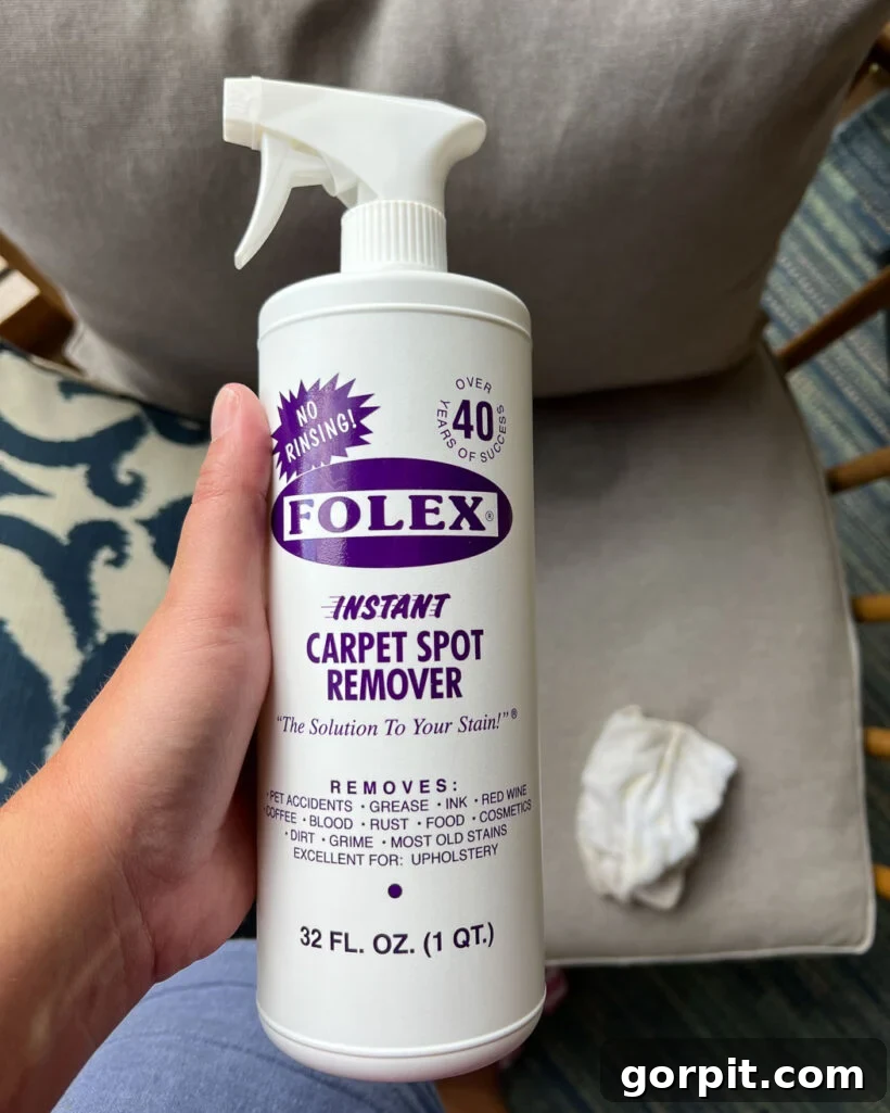 Keep Your Outdoor Rug Spotless All Season 4 Folex carpet cleaner in woman's hand