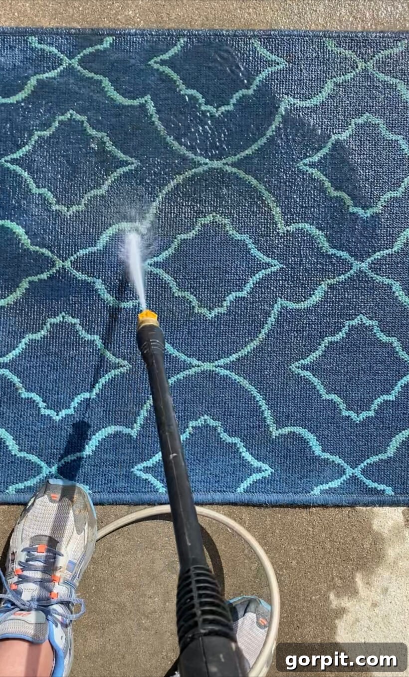 Keep Your Outdoor Rug Spotless All Season 5 Person cleaning an outdoor rug with a pressure washer on a driveway.