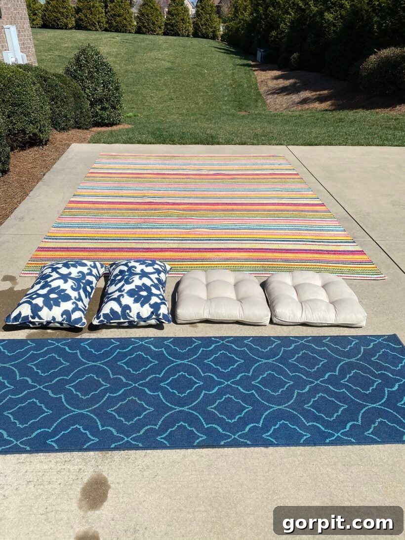 Keep Your Outdoor Rug Spotless All Season 6 Outdoor rug drying in the sun after being cleaned.