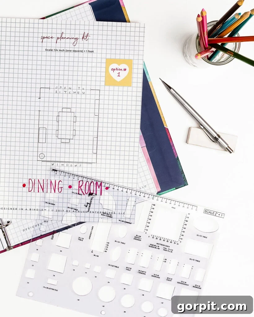 A designer's desk with graph paper, scaled furniture cutouts, and measuring tools, illustrating the practical steps of creating a space plan.