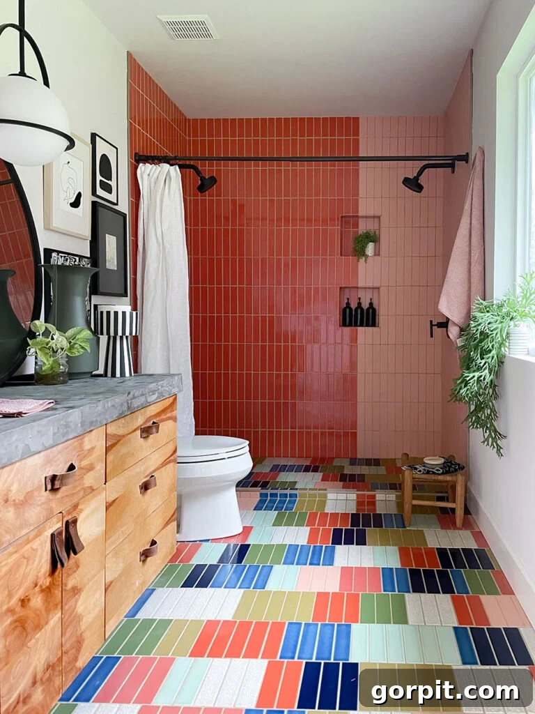 Elevate Your Interiors Innovative Accent Wall Designs 20 Unique accent wall ideas can be lovely, like this orange tile shower and multicolored subway tile floor used in a bathroom remodel, showcasing a playful and modern design.