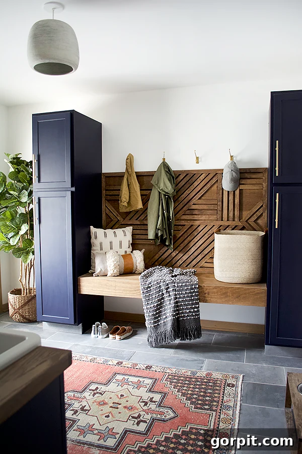 Elevate Your Interiors Innovative Accent Wall Designs 8 A wood accent wall between two slender cabinets in a large mudroom, offering a touch of natural warmth and texture to the functional space.