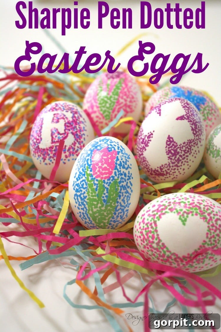 Sharpie Dot Art Easter Eggs 2 Beautifully dotted Sharpie Easter eggs arranged in a bowl, showcasing the simplicity and elegance of this decorating method.
