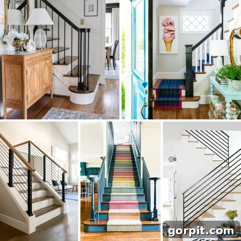 A collage of five different staircases showcasing unique railing ideas, inspiring home design.