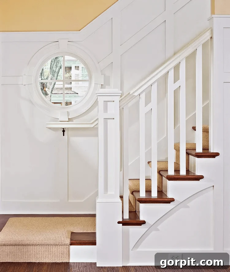 White balusters feature interesting custom woodwork, adding excitement and texture to classic wooden stairs in a custom home design.