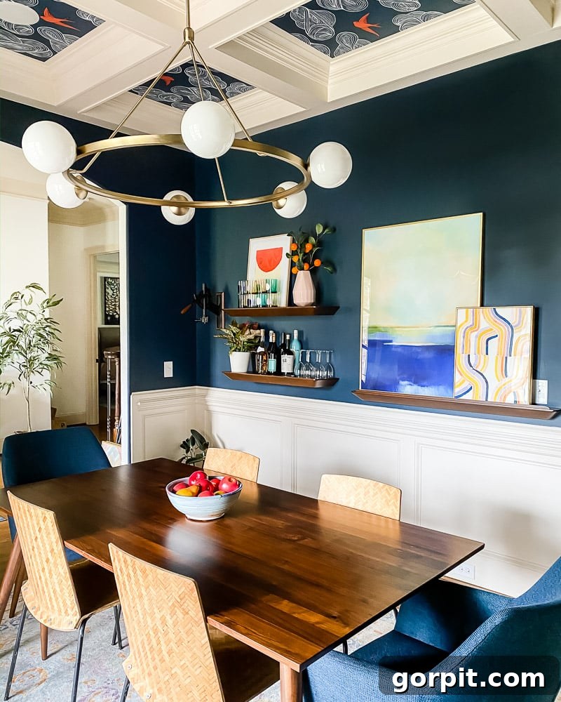 Paint Estimation Made Easy 4 Colorful art on navy blue wall in dining room