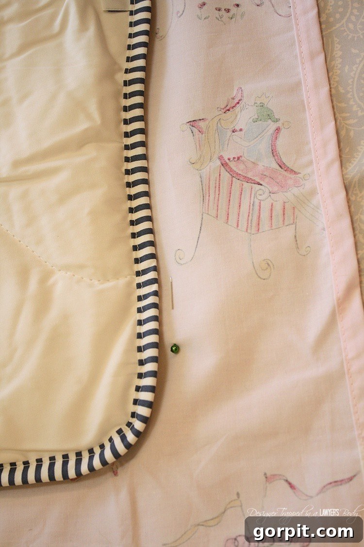 Crafting Your Own Bespoke Duvet 4 Pin along the left edge of the comforter to mark the sewing seam, ensuring a perfect fit, but avoid pinning the bottom edge as it will remain open.