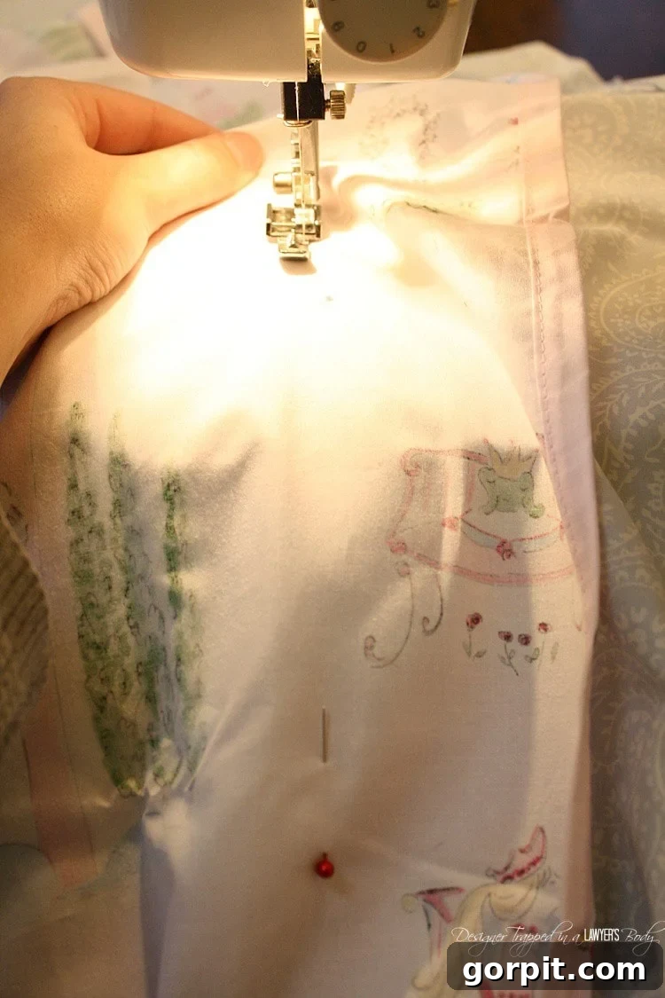 Crafting Your Own Bespoke Duvet 5 Sew along the top and side edges of your duvet cover, using pins as a guide for the left side, with sheets remaining inside out for hidden seams.