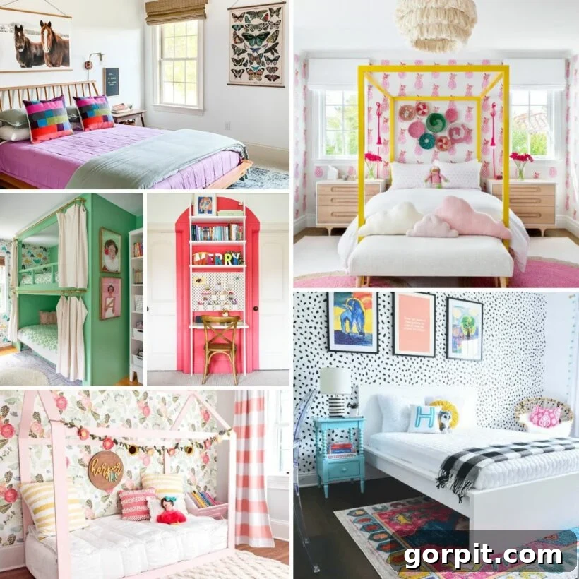 collage image of girls bedroom ideas showing various designs for different ages