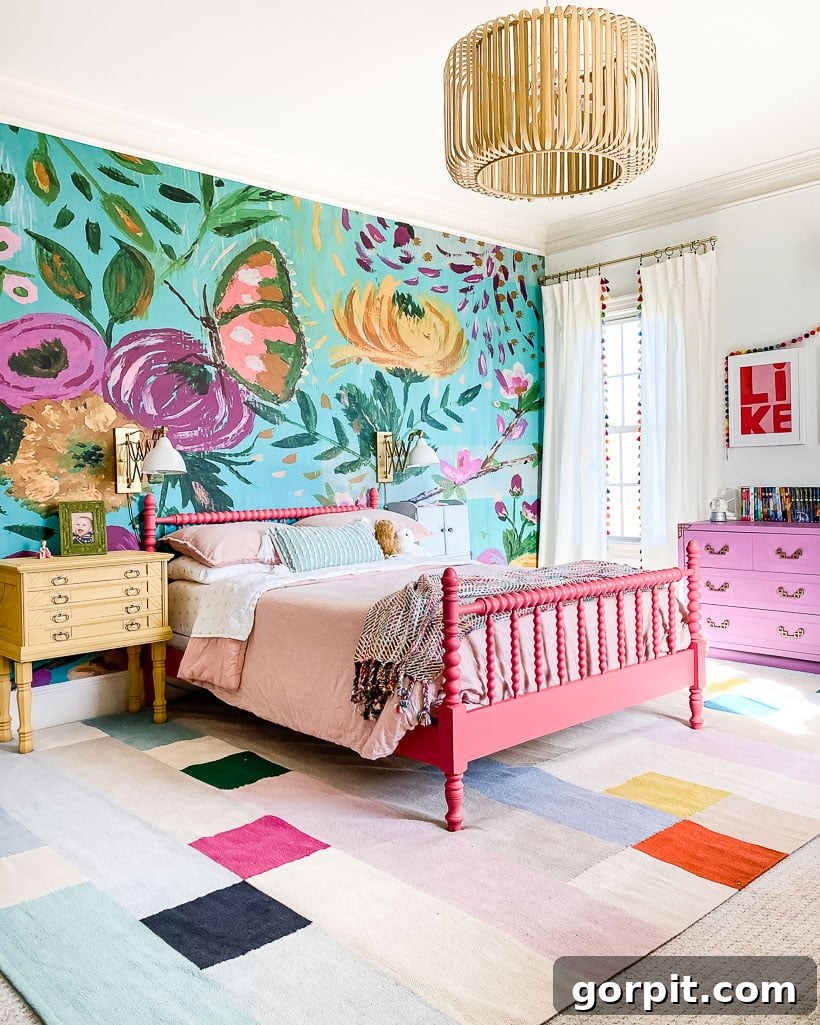 colorful bedroom mural with flowers and butterfly with coral vintage bed and color blocked rug, enhancing coziness