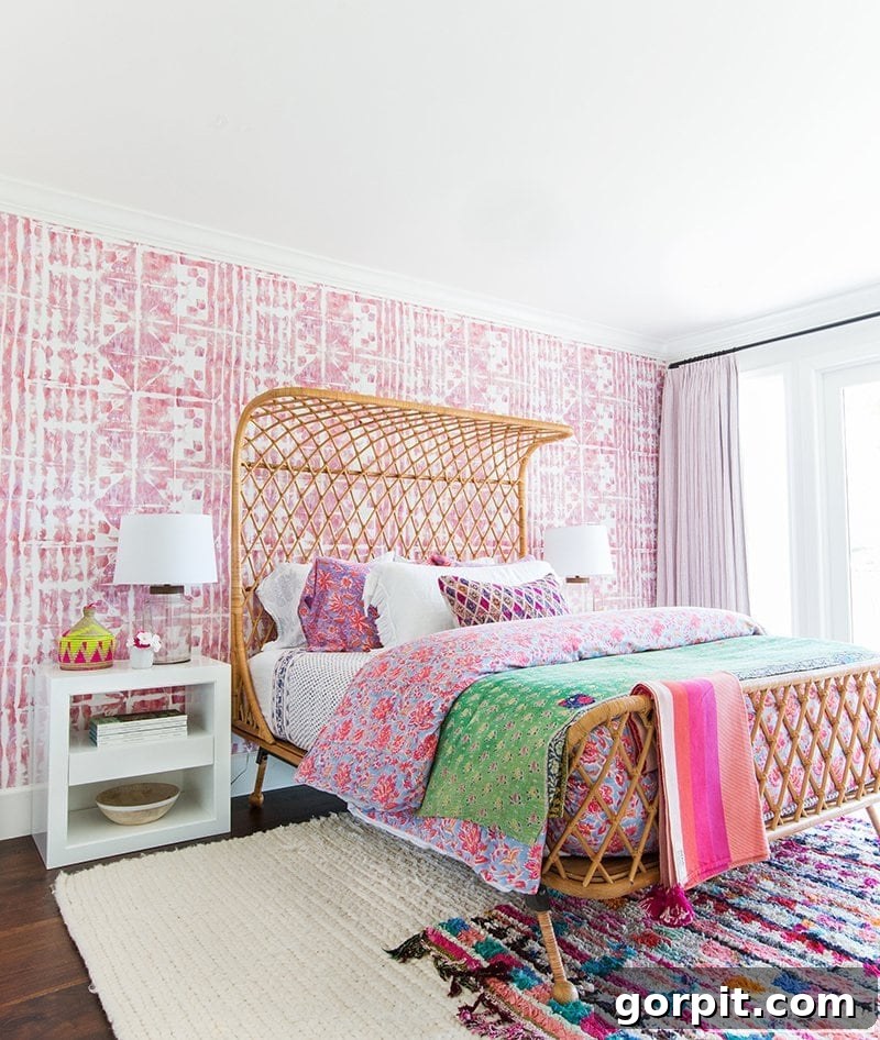 eclectic boho girl's bedroom with rattan bed, pink and white batik wallpaper and pink and green bedding, showcasing mixed styles