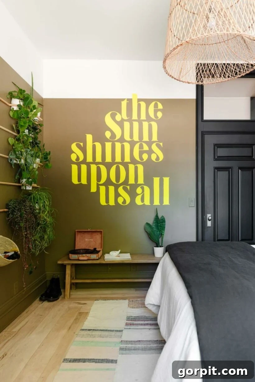 teen girl's bedroom with wall quote and wall of plants, showcasing natural decor elements
