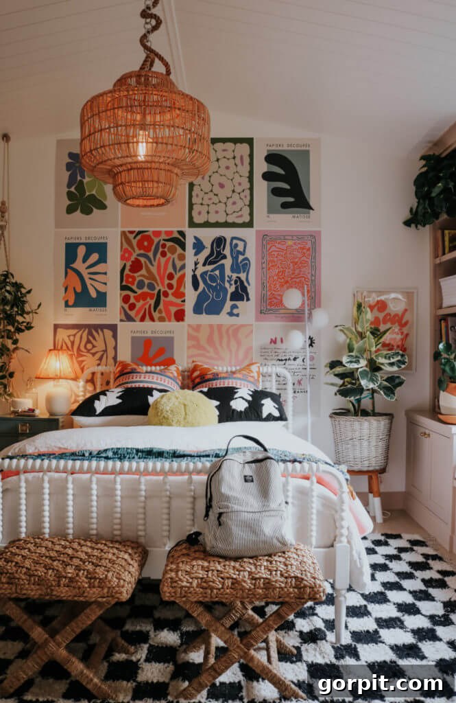 boho teen bedroom with art poster gallery wall and checkerboard rug, showcasing personalized art
