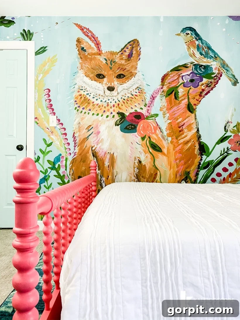 colorful fox mural accent wall in girls' bedroom, a perfect wall decor idea