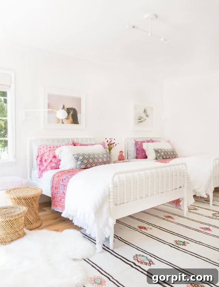 minimal shared girls bedroom with two double beds with white bedspreads and bright pops of pink, creating a serene space