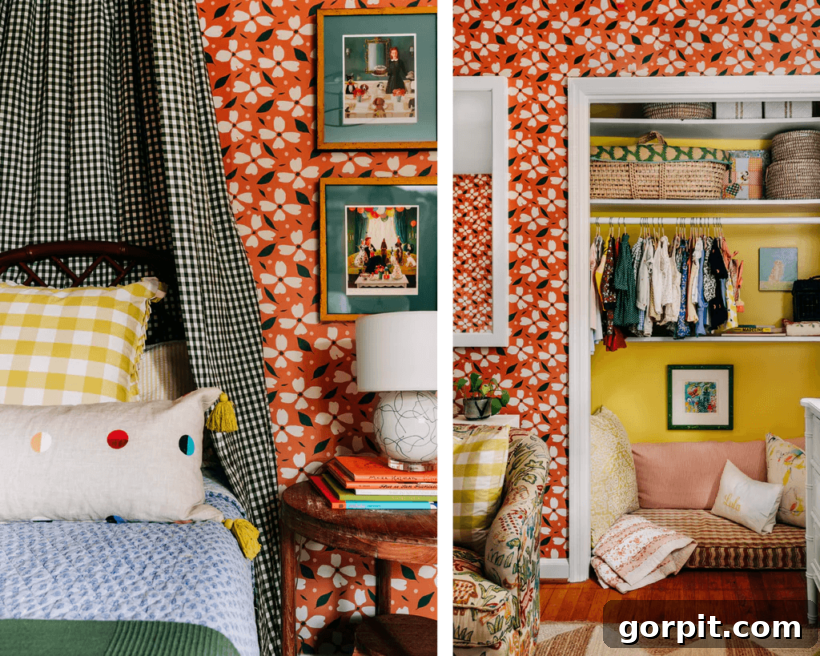 girl's bedroom with bold graphic orange-red floral wallpaper, bright decor, and gingham canopy, showing maximalist wall ideas