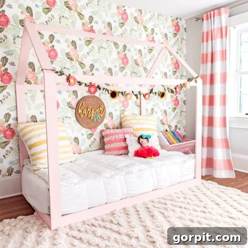 pink girl's bedroom with toddler house bed on floor and floral wallpaper, showcasing varied pink hues