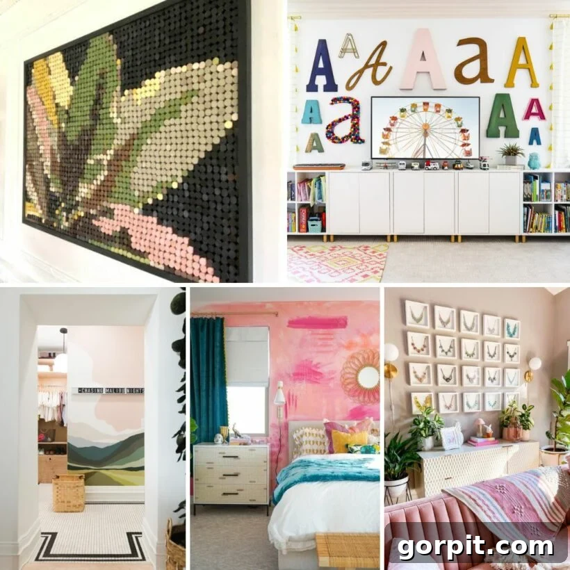 image collage of DIY wall decor ideas featuring colorful and creative designs