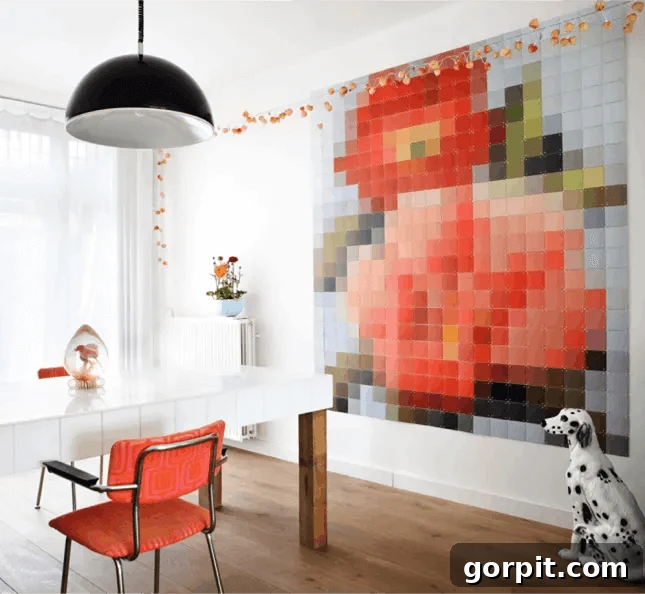 giant pixel flower art made of color squares in a dining room