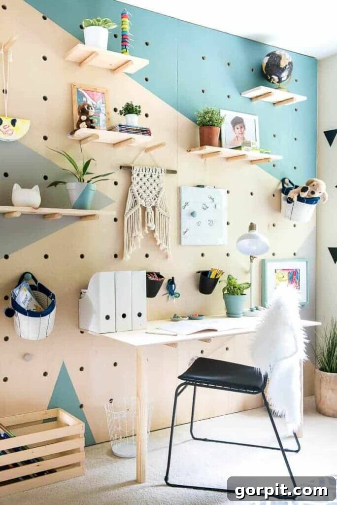 full wall giant wood pegboard with shelves, desk, and hooks