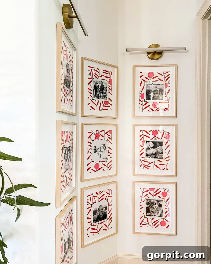 colorful family photo wall gallery with wallpaper picture mats and lighting