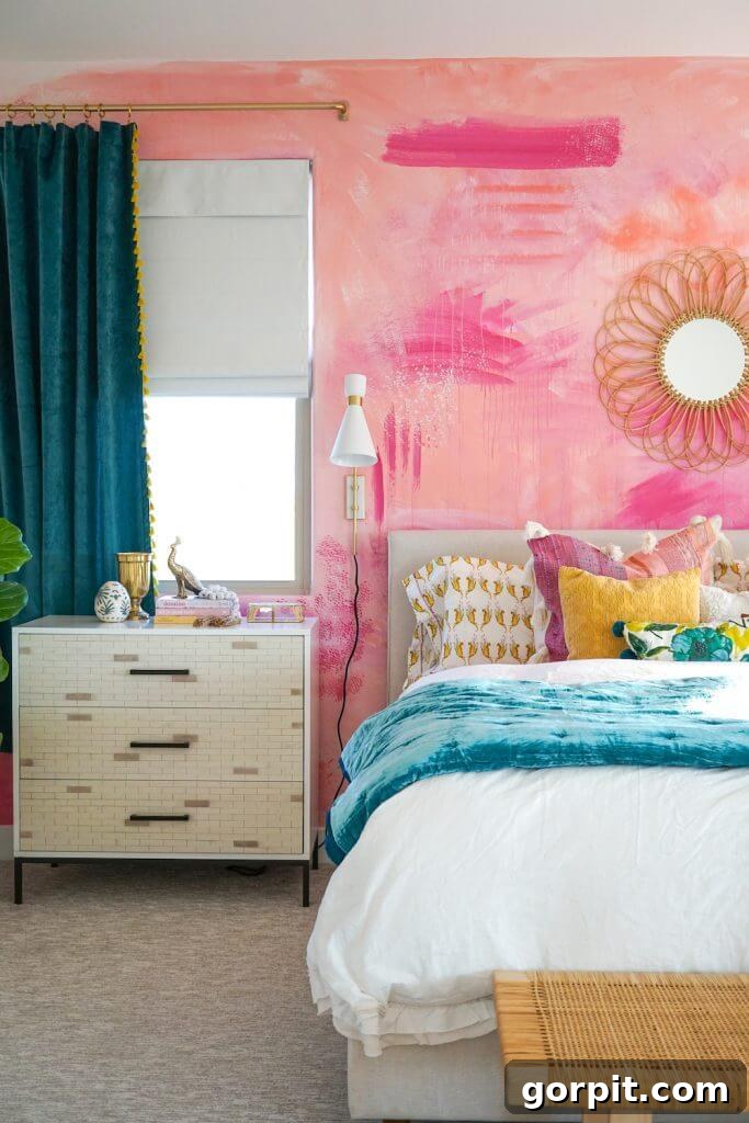 colorful bedroom featuring a pink DIY abstract wall mural and dark teal curtains
